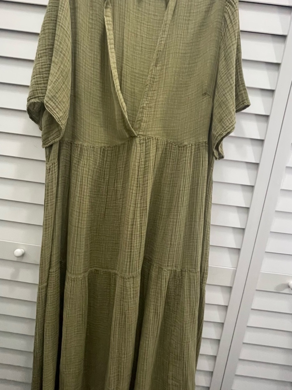 Anthropologie Olive Green Crinkle V-Neck Tiered Maxi Dress